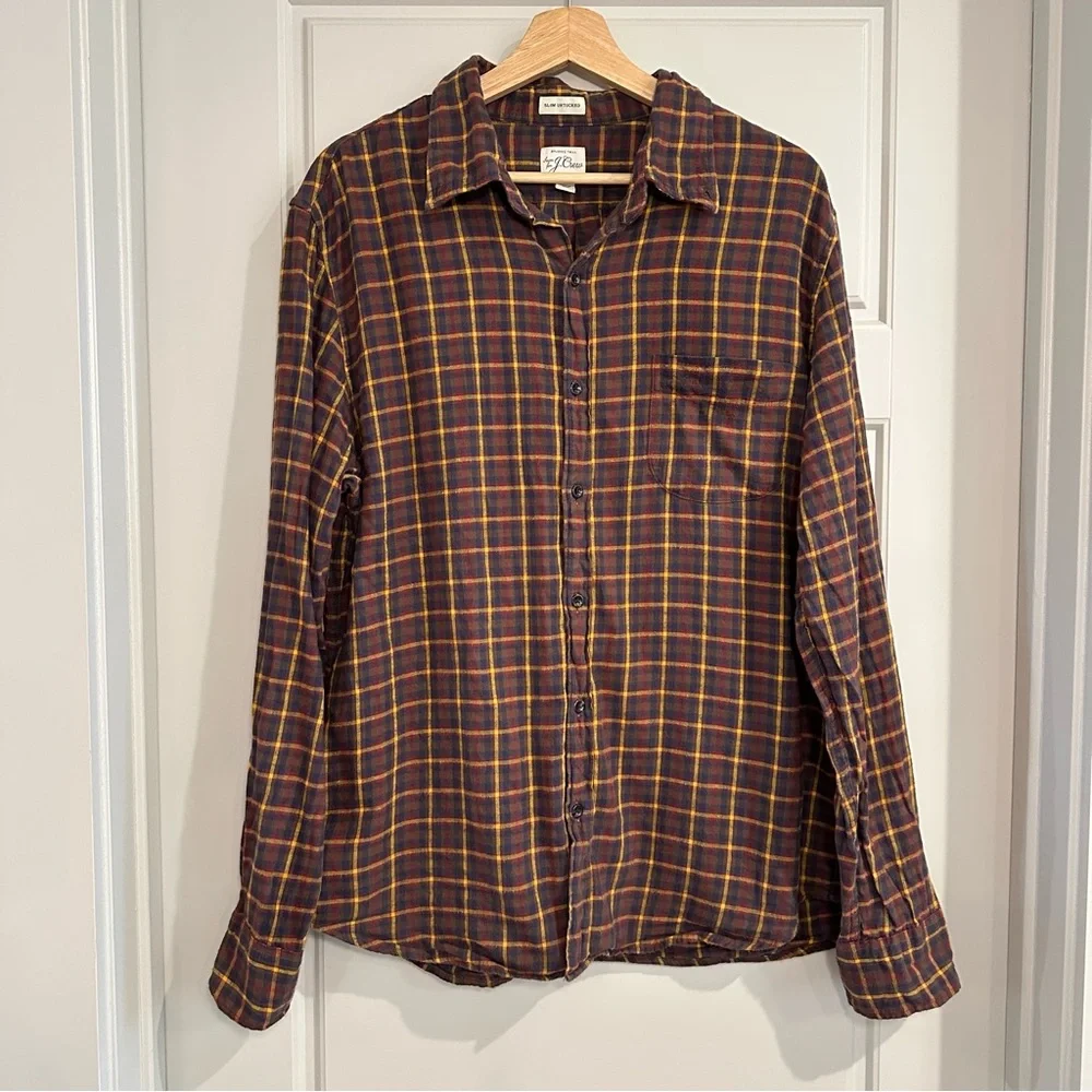 J. Crew Brown and Yellow Plaid Flannel Shirt Size Large - Picture 1 of 7